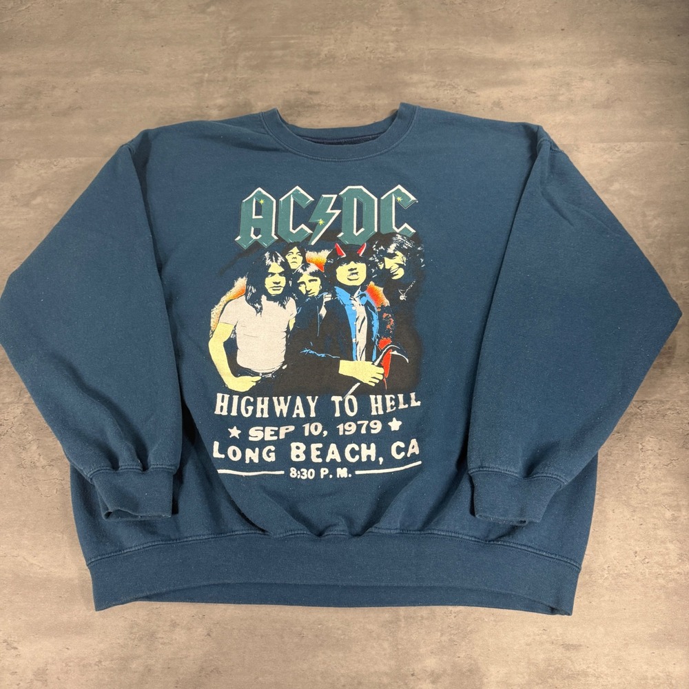AC/DC Sweatshirt Mens XL Teal Blue Highway To Hell 1979 Long Beach Graphic Rock